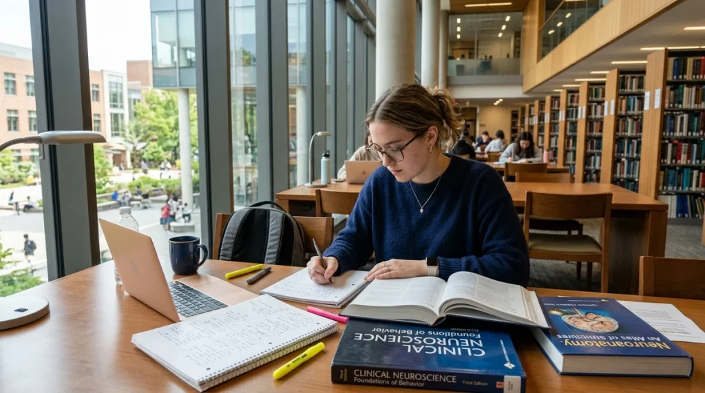 Estudiante universitaria de psicología en biblioteca